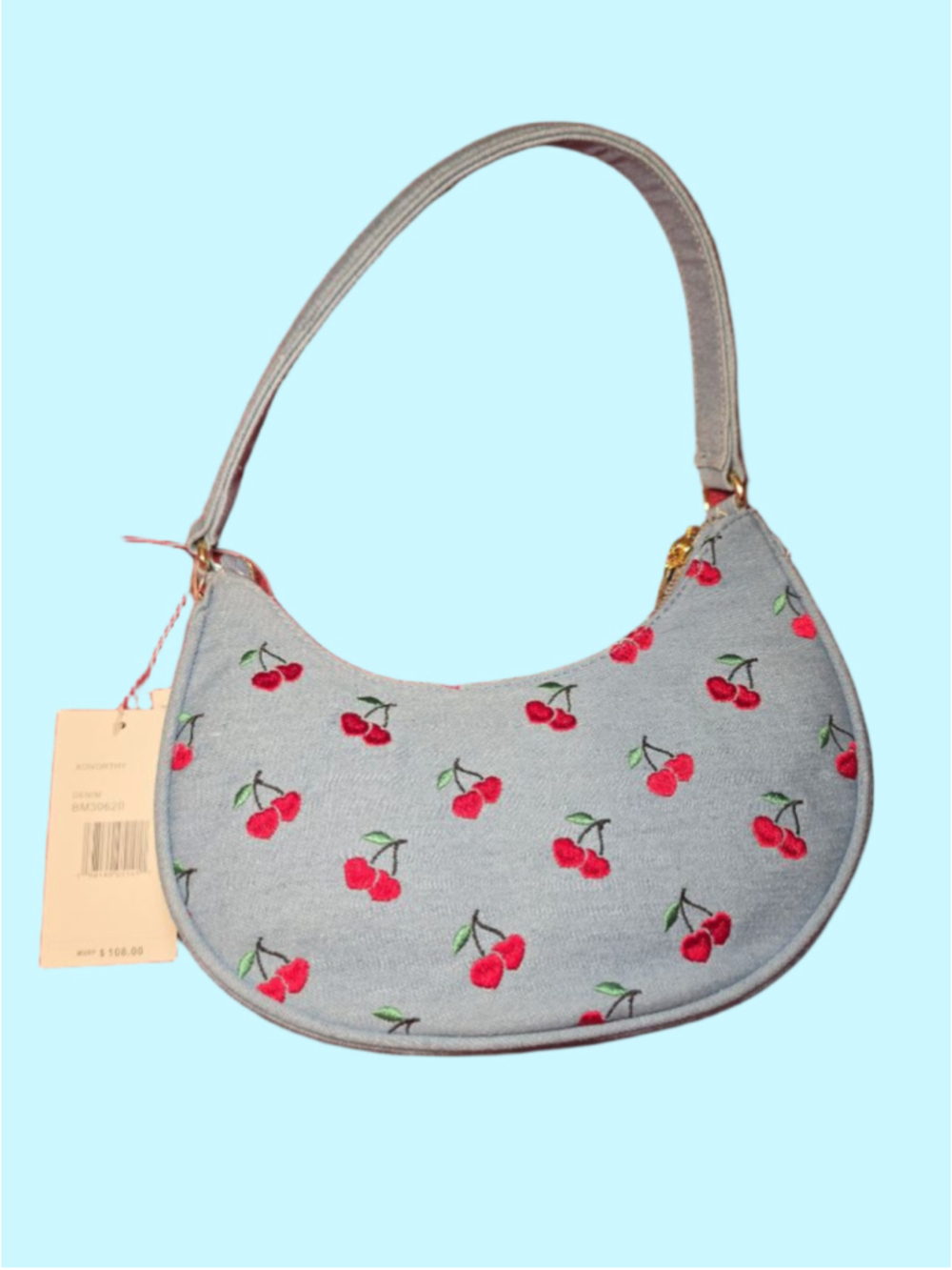 Betsey Johnson Light Blue Cherry Denim Shoulder Bag w/ Daisy Charm - Picture 3 of 6